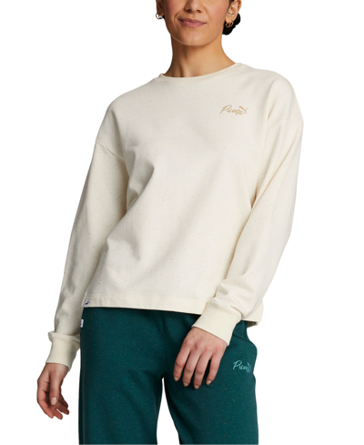 Shop Puma Women's Live In Cotton French Terry Crewneck Top In Alpine Snow-nep