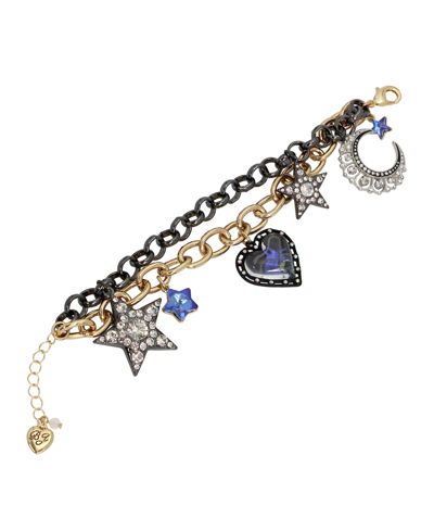 Shop Betsey Johnson Faux Stone Celestial Mixed Charm Bracelet In Blue,two-tone