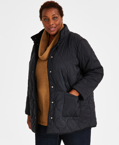 Shop Style & Co Plus Size Reversible Quilted Sherpa Jacket, Created For Macy's In Deep Black