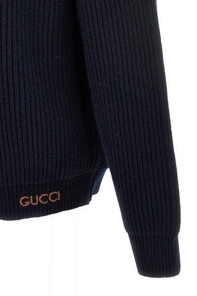 Shop Gucci Men Logo Embroidery Ribbed Cardigan In Blue