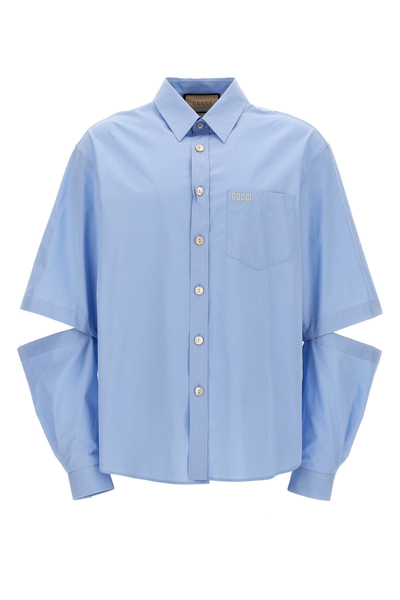 Shop Gucci Men Logo Embroidery Shirt In Blue
