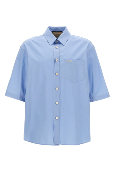 Shop Gucci Men Logo Embroidery Shirt In Blue