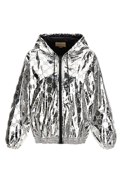 Gucci Shiny Finish Hooded Jacket With Elasticated Cuffs In Silver