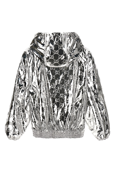 Gucci Shiny Finish Hooded Jacket With Elasticated Cuffs In Silver
