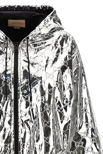 Gucci Shiny Finish Hooded Jacket With Elasticated Cuffs In Silver