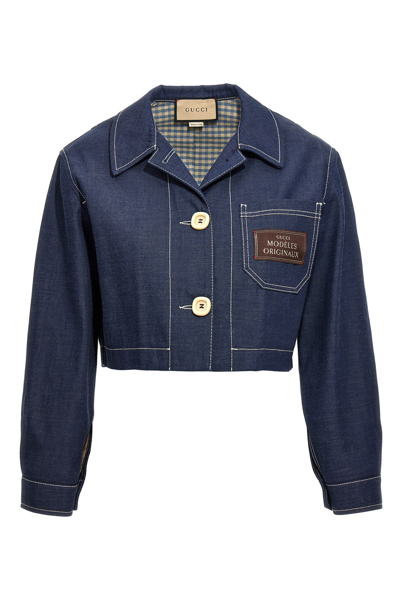 Gucci Logo Patch Detail Denim Cropped Jacket In Blue ModeSens