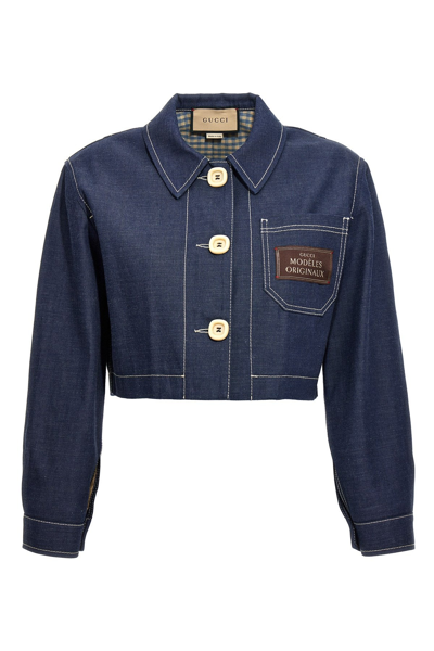 Shop Gucci Women Crop Denim Jacket In Blue