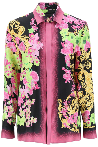 Shop Versace 'medusa Orchid' Silk Shirt Women In Multicolor