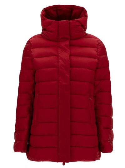Shop Save The Duck 'drimia' Long Red Down Jacket With Tonal Logo Patch In Shiny Leather Woman
