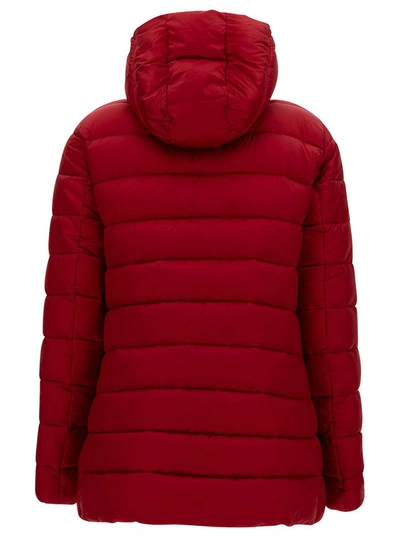 Shop Save The Duck 'drimia' Long Red Down Jacket With Tonal Logo Patch In Shiny Leather Woman