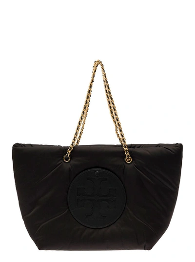 Shop Tory Burch 'ella' Black Tote Bag With Tonal Logo Patch In Recycled Featherweight Polyester Woman