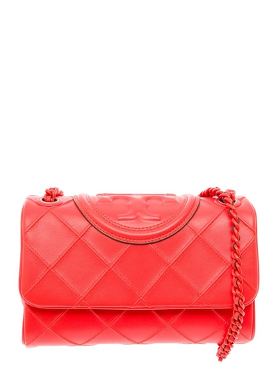 Shop Tory Burch 'fleming Soft' Red Shoulder Bag With Diamond-shaped Pintucks In Leather Woman