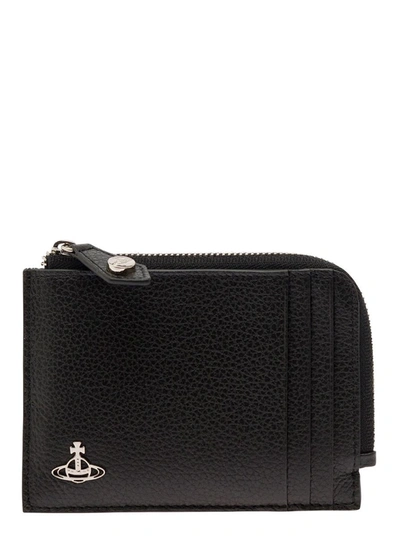 Grain Leather Card Holder With Zip In Black
