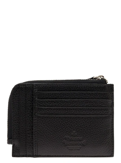 Grain Leather Card Holder With Zip In Black