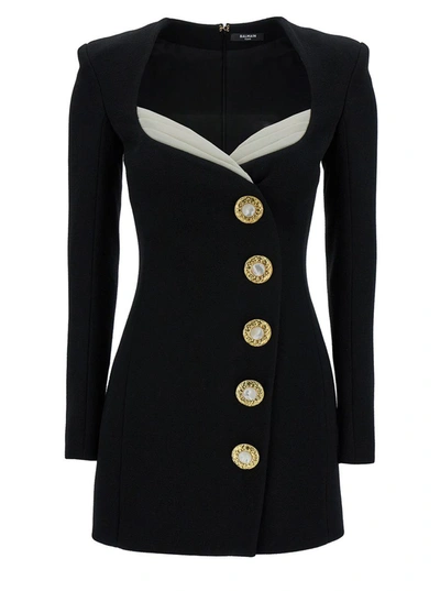 Shop Balmain Mini Black Asymmetric Dress With Jewel Buttons In Crêpe Woman