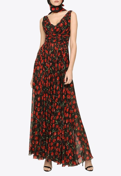 Shop Dolce & Gabbana Cherry Print Maxi Chiffon Dress In Multicolor