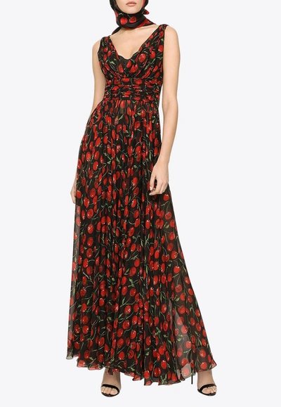 Dolce & Gabbana Long Cherry-print Chiffon Dress In Multicolor