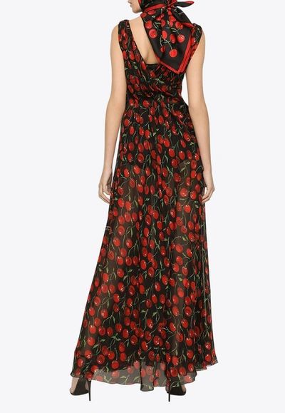 Dolce & Gabbana Long Cherry-print Chiffon Dress In Multicolor