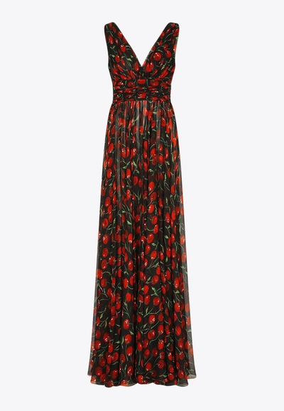Dolce & Gabbana Long Cherry-print Chiffon Dress In Multicolor