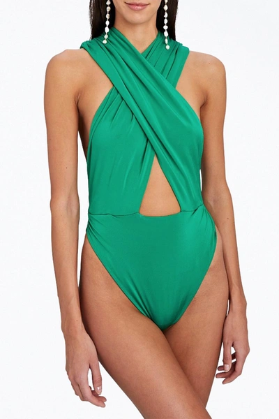 Shop Ronny Kobo Tara Cross-front Slinky Jersey Bodysuit In Poison Green