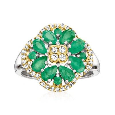Shop Ross-simons Emerald And . White Zircon Flower Ring In Sterling Silver And 14kt Yellow Gold In Green