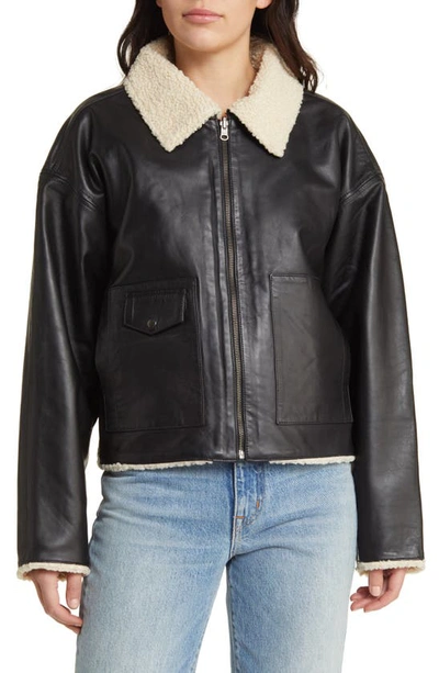 Shop Treasure & Bond Reversible Faux Shearling Collar Leather Jacket In Black