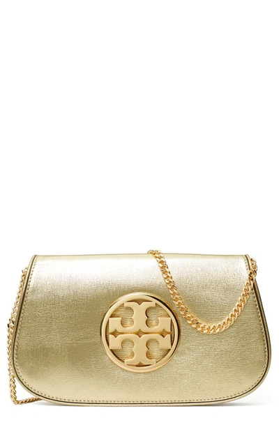 Shop Tory Burch Reva Metallic Leather Clutch In Gold