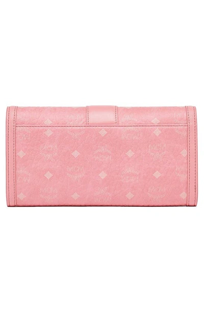 Shop Mcm Large Tracy Visetos Coated Canvas Wallet On A Chain In Bloosom Pink