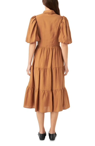 English Factory Quarter Sleeve Tiered Midi Dress In Brown In Brown