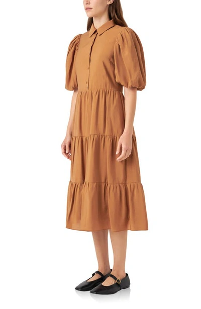 English Factory Quarter Sleeve Tiered Midi Dress In Brown In Brown