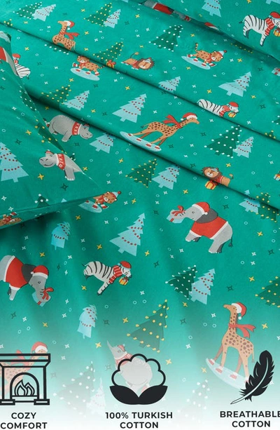 Woven & Weft Holiday Print Turkish Cotton Sheet Set In Safari Animals Christmas
