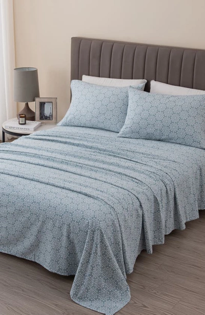 Woven & Weft Turkish Cotton Windowpane Printed Flannel Sheet Set In Snowflake - Mosaic Blue