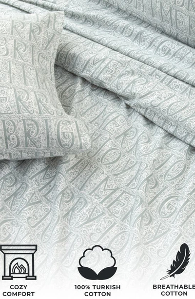 Woven & Weft Turkish Cotton Windowpane Printed Flannel Sheet Set In Grey Holiday Words