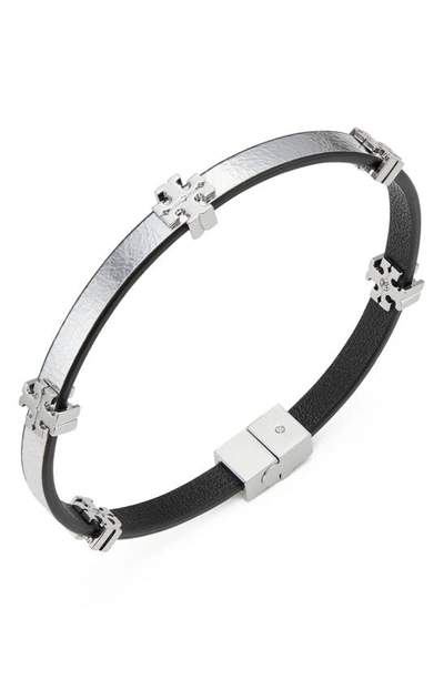 Shop Tory Burch Eleanor Leather Bracelet In Tory Silver / Silver