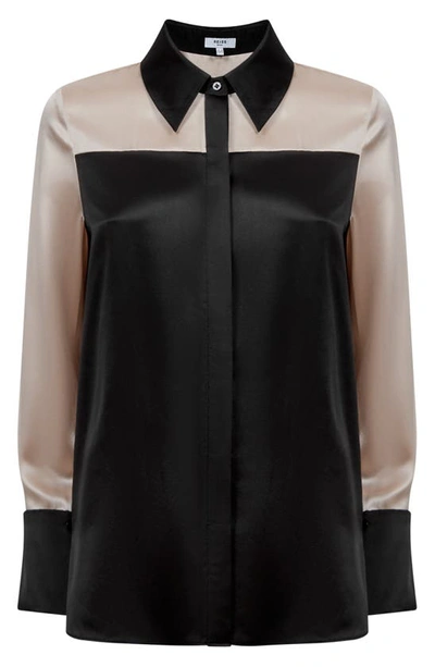 Shop Reiss Lorey Colorblock Silk Button-up Shirt In Black Champagne