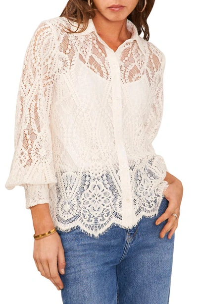 Shop Vince Camuto Embroidered Lace Button-up Blouse In New Ivory