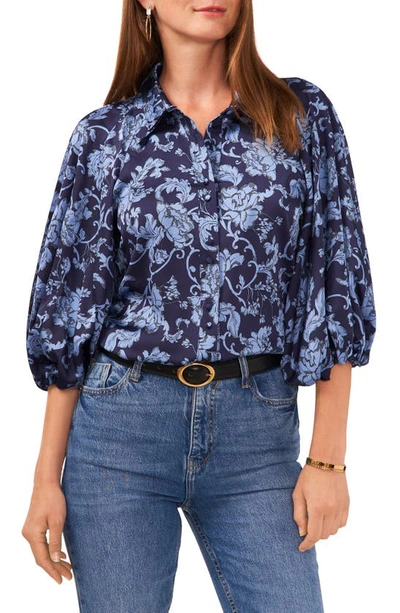 Shop Vince Camuto Floral Balloon Sleeve Button-up Top In Classic Navy