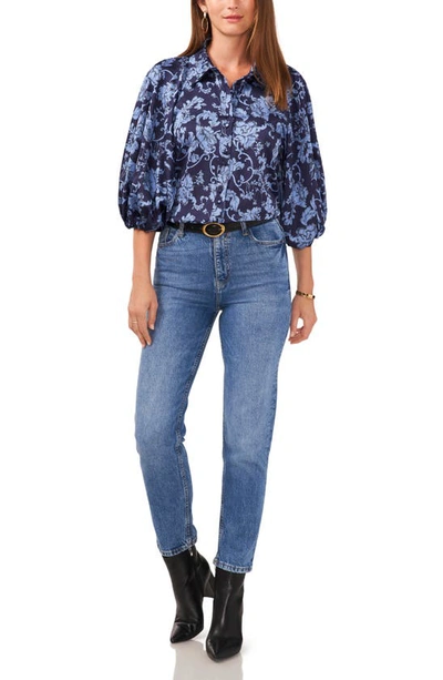 Shop Vince Camuto Floral Balloon Sleeve Button-up Top In Classic Navy