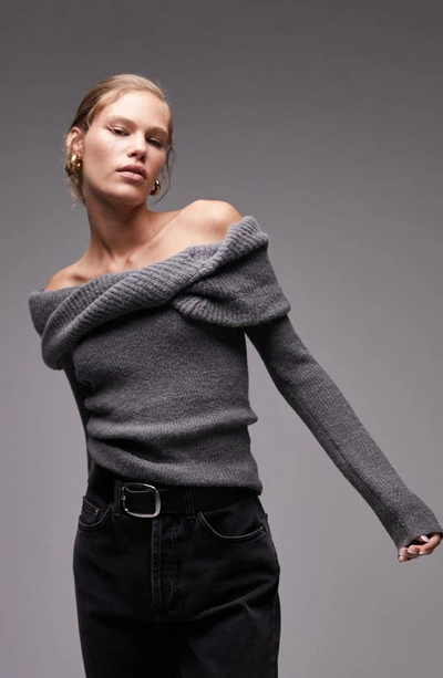 Shop Topshop Chunky Off The Shoulder Sweater In Charcoal