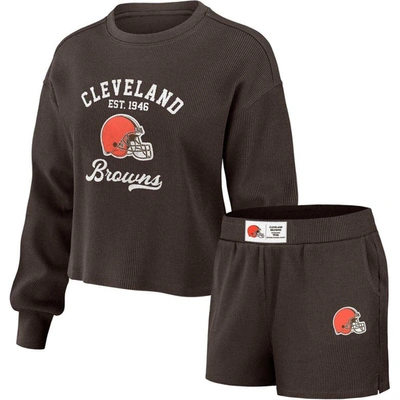 Shop Wear By Erin Andrews Brown Cleveland Browns Waffle Knit Long Sleeve T-shirt & Shorts Lounge Set