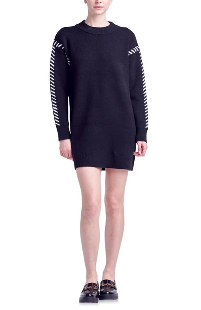 Shop English Factory Whipstitch Long Sleeve Sweater Minidress In Black/ Ivory
