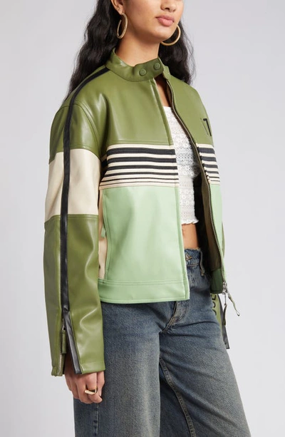 Shop House Of Sunny The Racer Colorblock Faux Leather Jacket In Moss
