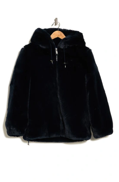 Shop Rebecca Minkoff Oversize Faux Fur Hooded Jacket In Navy