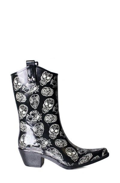 Nomad Yippy Cowboy Waterproof Rain Boot In Black/ White Skulls