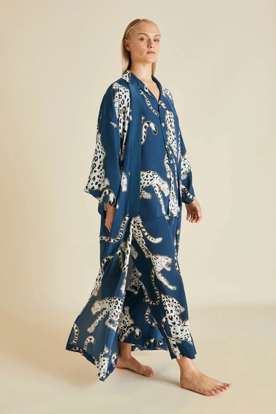 Shop Olivia Von Halle Casablanca Magnus Blue Leopard Pyjamas In Silk Crêpe De Chine