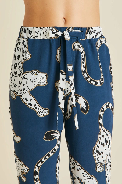 Shop Olivia Von Halle Casablanca Magnus Blue Leopard Pyjamas In Silk Crêpe De Chine