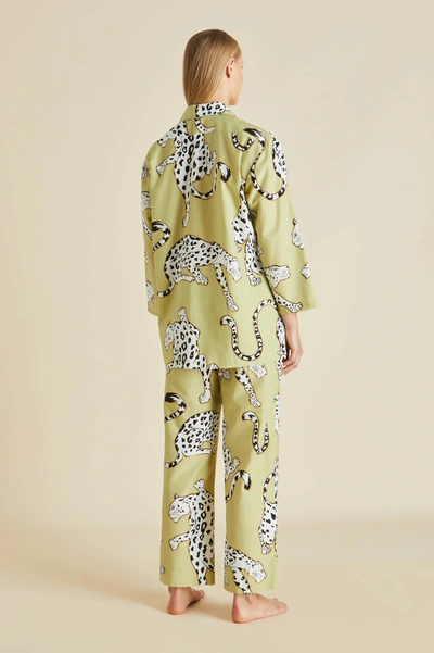 Shop Olivia Von Halle Casablanca Mungo Green Leopard Pyjamas In Cotton-silk