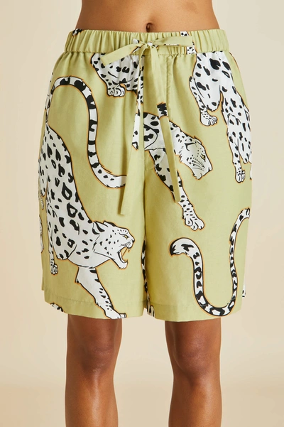 Shop Olivia Von Halle Emeli Mungo Green Leopard Pyjamas In Cotton-silk