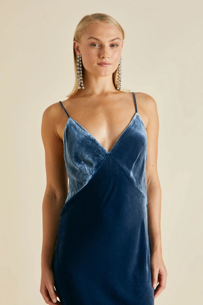 Shop Olivia Von Halle Issa Steel Blue Slip Dress In Silk Velvet