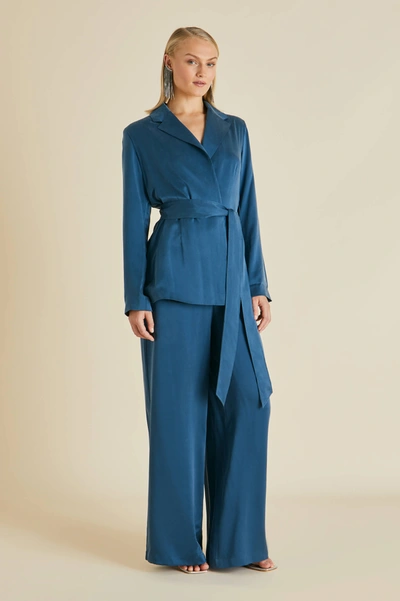 Shop Olivia Von Halle Jagger Steel Blue Pyjamas In Sandwashed Silk